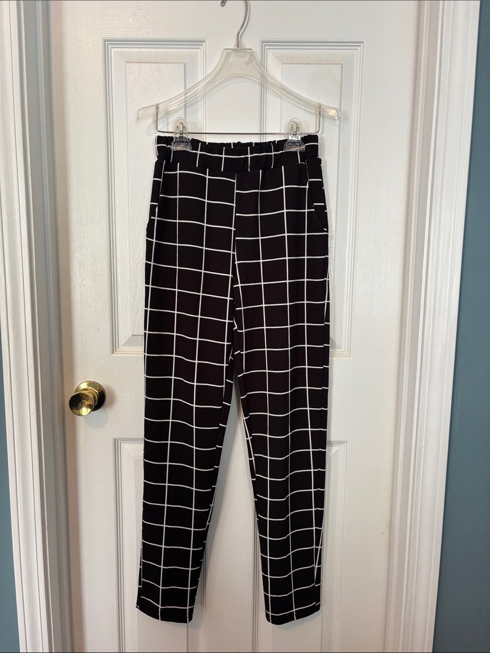 Casual and Business Attire Black/White Print Slim Pants with Elastic Waist